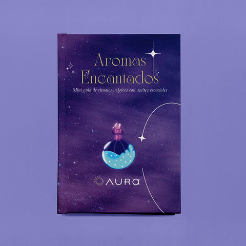 Portada de Aromas Encantados, guía espiritual de aceites esenciales y rituales aromáticos
