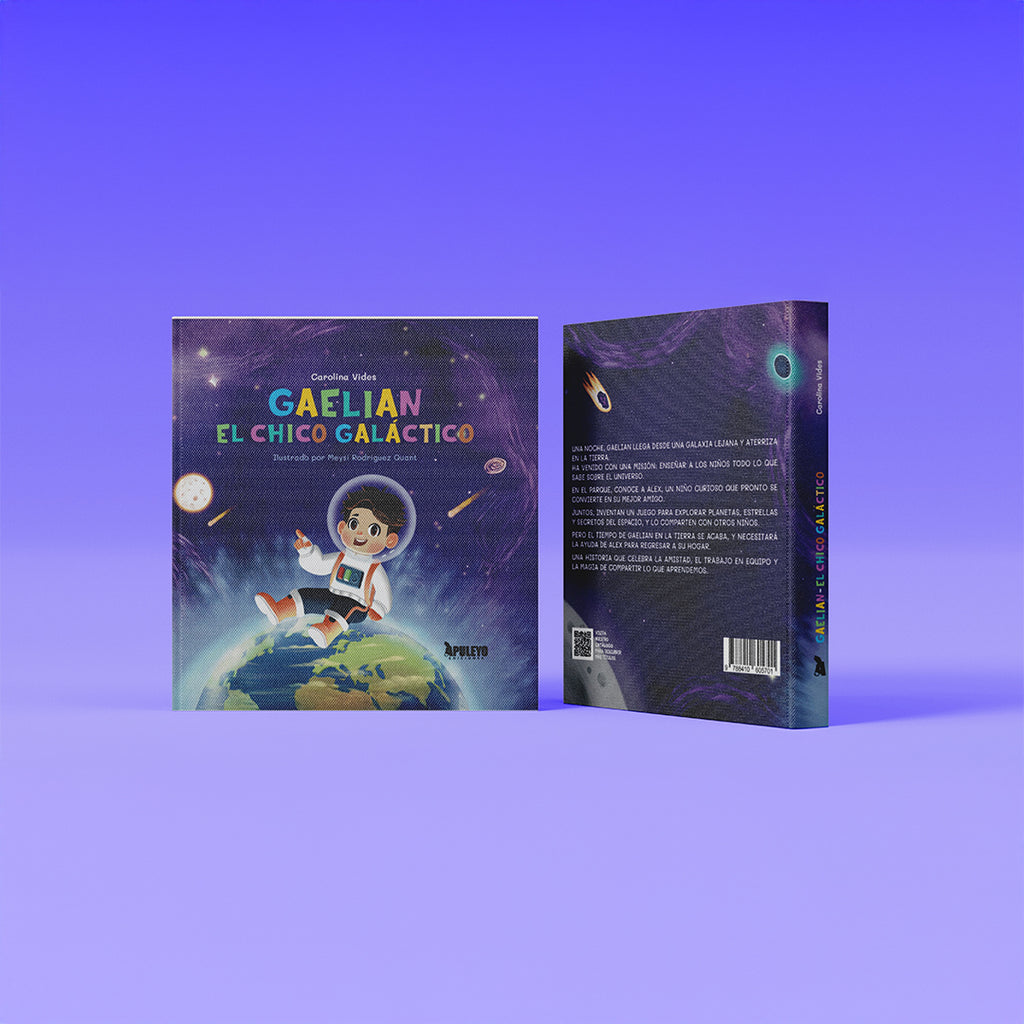 Portada del libro infantil ilustrado Gaelian: El Chico Galáctico con un niño astronauta sentado sobre el planeta Tierra